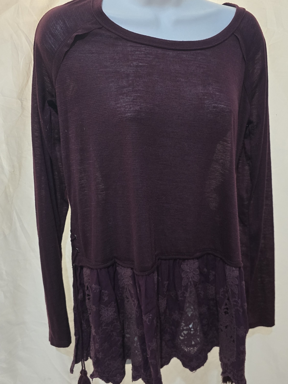 Xhilaration Deep Plum Long Sleeve Lace-Hem Top